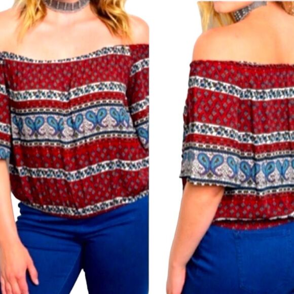 Colorful Paisley Off Shoulder Short Sleeve Smock Summer Top NEW - Picture 3 of 5